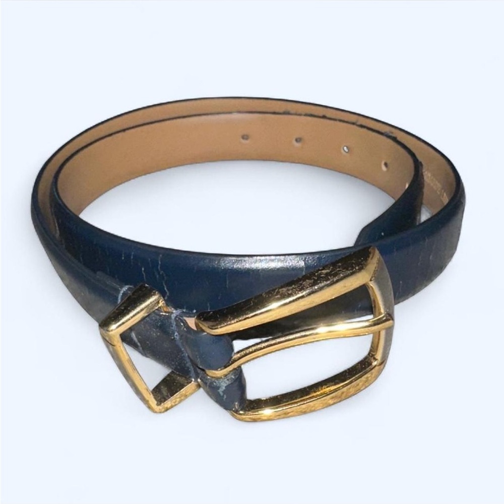 Elegant Navy Blue Leather Belt with Gold Buckle